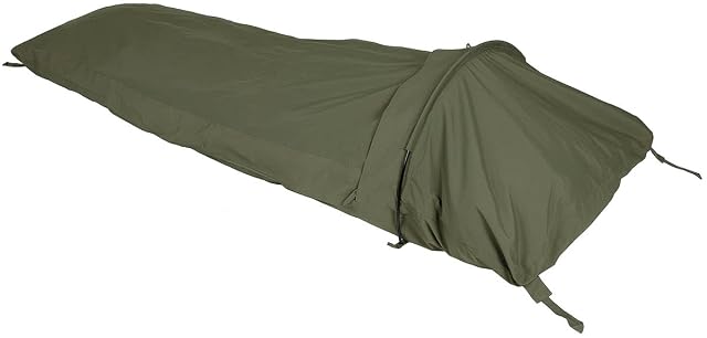 MFH Hooped Bivy olive bivy bag pitched with its pole over the head end
