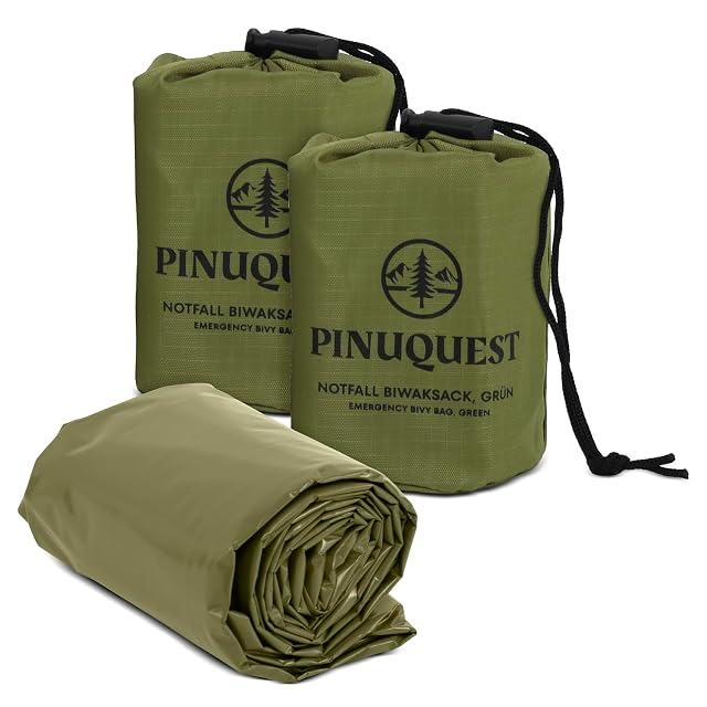 PINUQUEST emergency bivy bag in green and orange, sold as a set of two