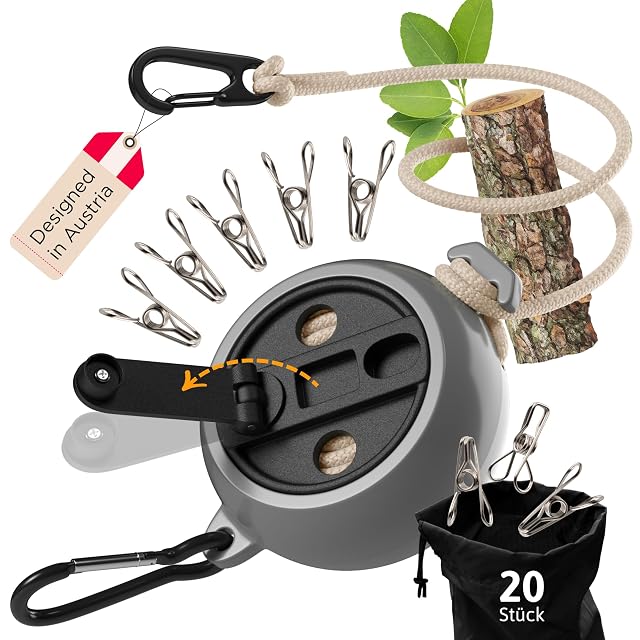 AUTDOOR crank-wound clothesline with stainless steel pegs and a fabric bag