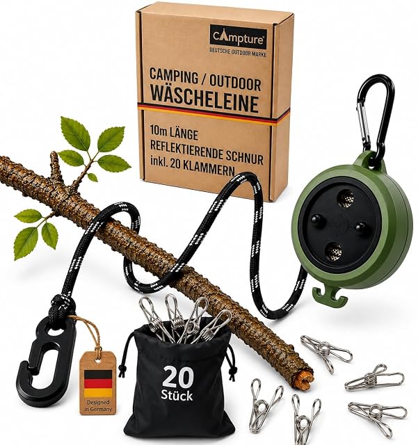 Campture reflective camp clothesline with stainless steel carabiner and clips