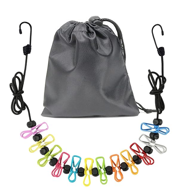 PAIDASHU black elastic travel clothesline with coloured pegs and steel hooks