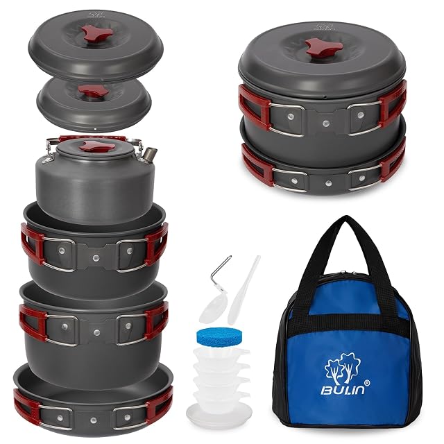 Bulin nesting camping cook set with cutlery packed in a mesh bag