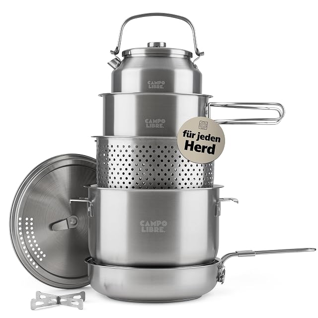 Campo Libre Enzo XL stainless steel camping cookware set with pots, pan and steamer basket