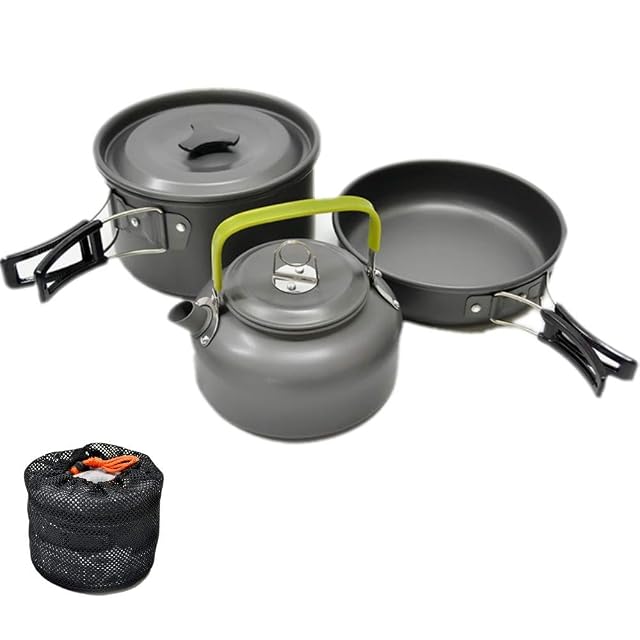 JZK folding aluminium camping cookware set with pot, pan and kettle