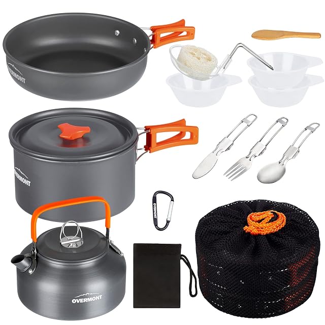 OVERMONT fourteen-piece camping cookware set with pot, pan and kettle in a mesh bag