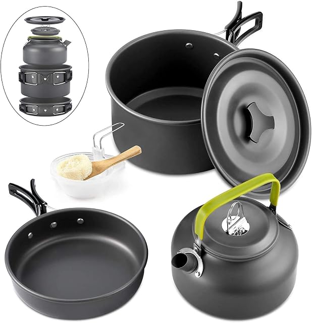 Queta ten-piece aluminium camping cookware kit with pot, pan, kettle and bowls