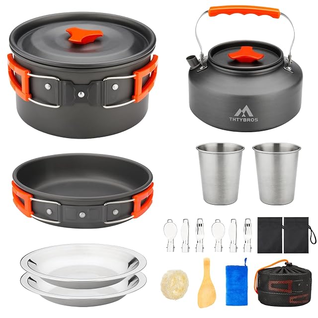 THTYBROS seventeen-piece hard-anodised aluminium camping cookware set with cups and cutlery