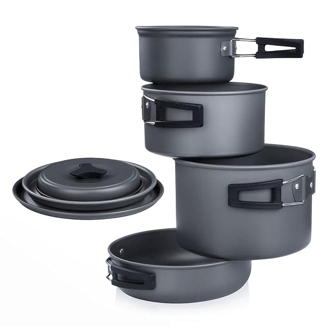 yourGEAR Ranger V seven-piece hard-anodised aluminium camping pot set with lids