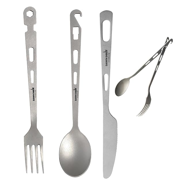 Dawn Deer titanium knife, fork and spoon with sandblasted handles