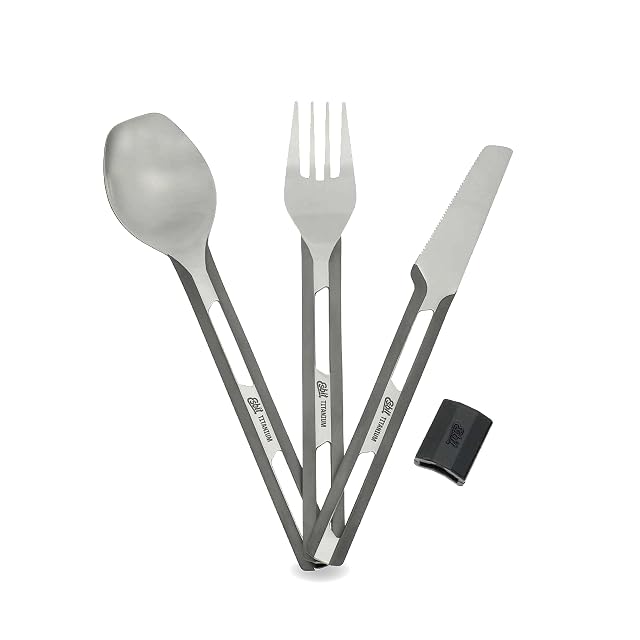 Esbit titanium knife, fork and spoon stacked and held by a silicone cuff