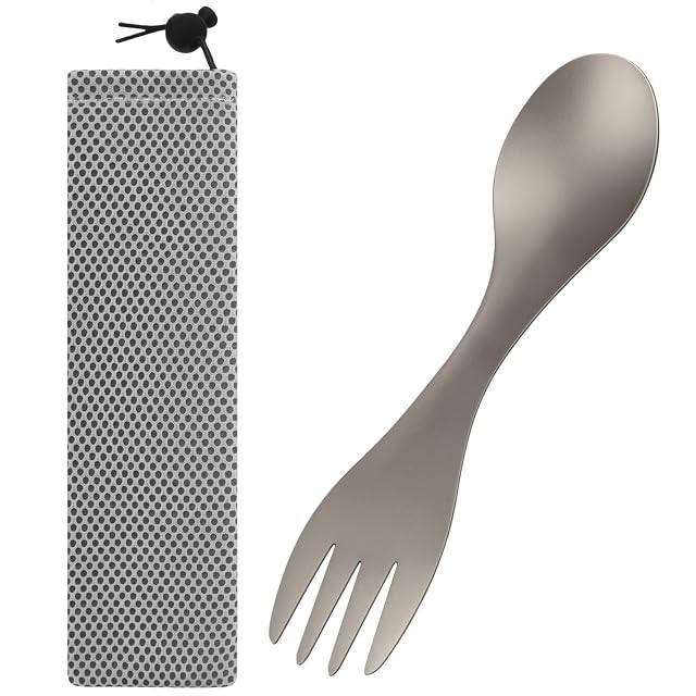 GZYULAN double-ended titanium spork beside its mesh drawstring pouch