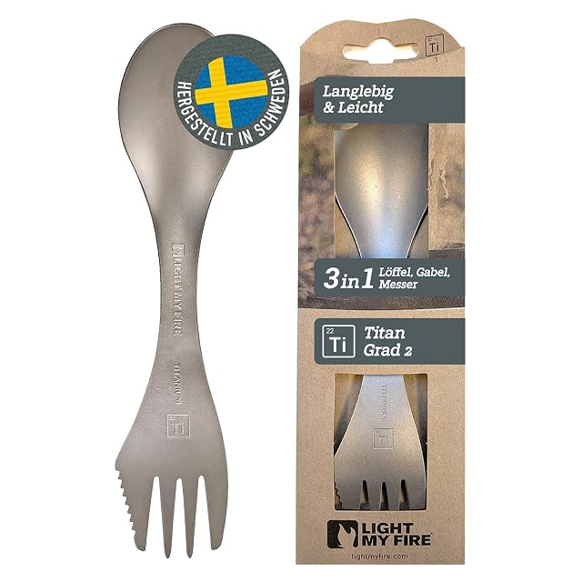 Light My Fire titanium spork with a spoon at one end and a fork with a knife edge at the other