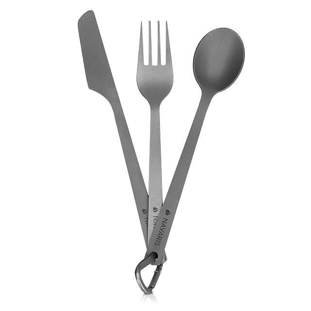 Navaris titanium knife, fork and spoon joined on a carabiner with a mesh bag