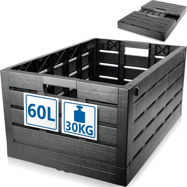 Stimo folding crate in wood-effect plastic with a knurled aluminium-look handle