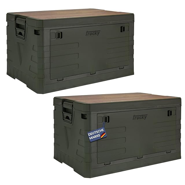 Trucky folding camp box with a wood-design lid insert and a hinged front flap