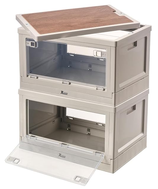 Pair of Xcase grey folding camping boxes with clear side flaps and an MDF lid board