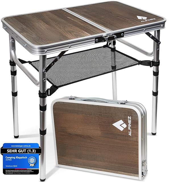 ALPINEZ folding camping table with an MDF top, aluminium legs and a mesh under-shelf