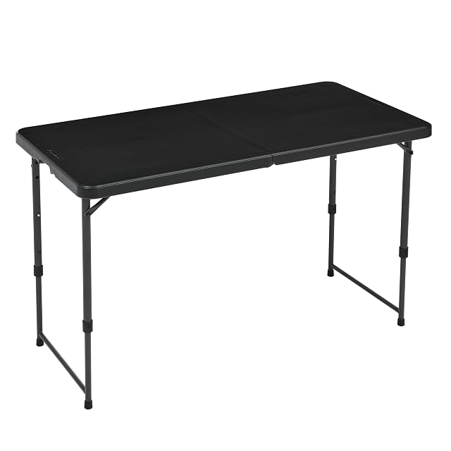 Amazon Basics black rectangular folding utility table with adjustable legs and a carry handle