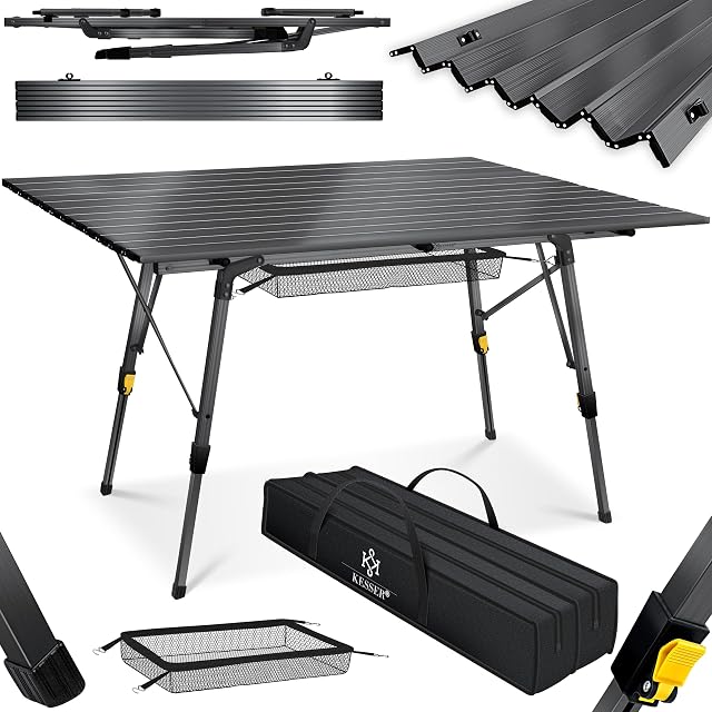 KESSER folding camping table with an aluminium frame and a roll-up slatted top