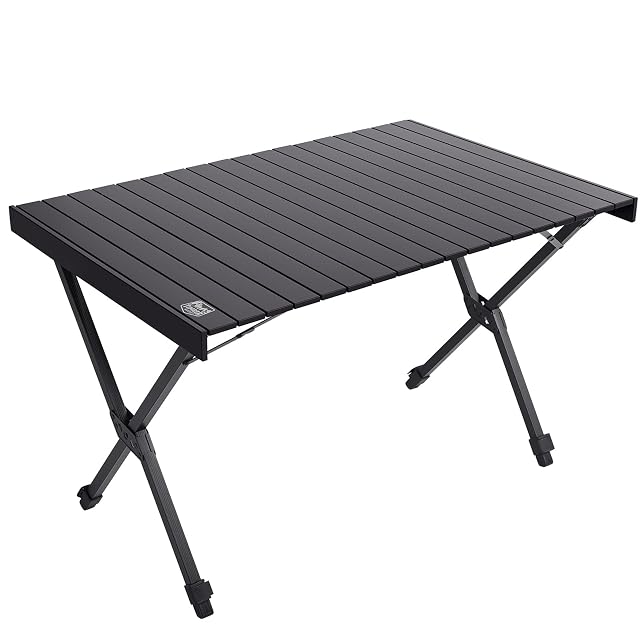 Timber Ridge black aluminium folding camping table with adjustable legs and a carry bag