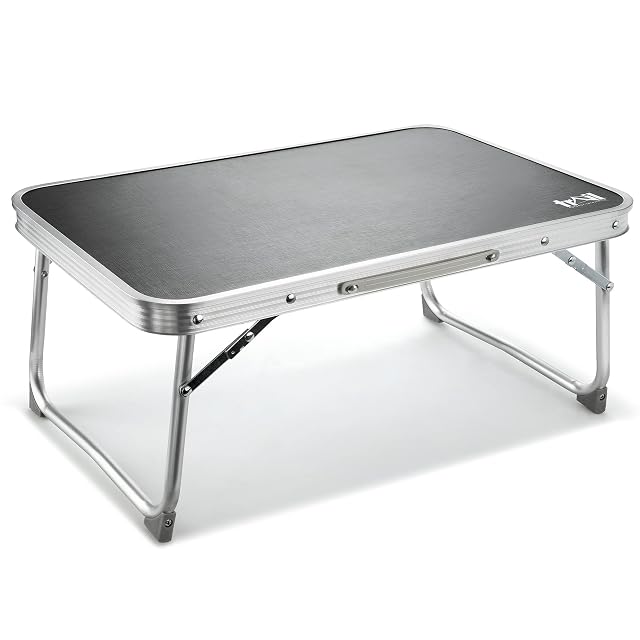 Trail lightweight folding camping table with a black laminated top and an aluminium frame