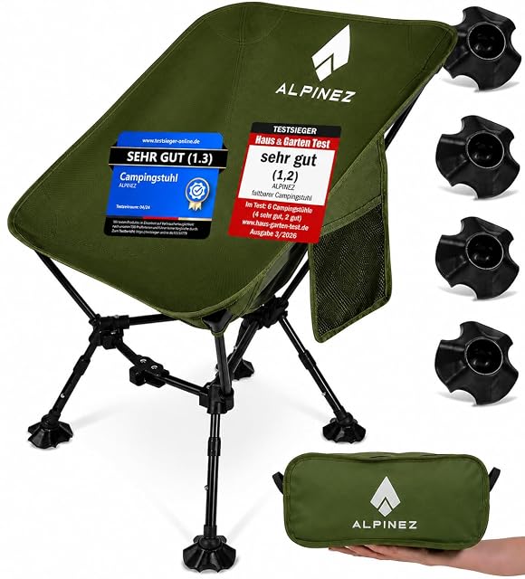 ALPINEZ packable camping chair with an aluminium pole frame and a dark Oxford seat