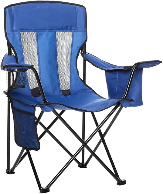 Amazon Basics blue quad-fold camping chair with mesh panels and an armrest cooler pocket