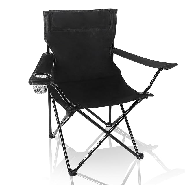 CALIYO folding camping chair in dark fabric with a side mesh drinks pocket