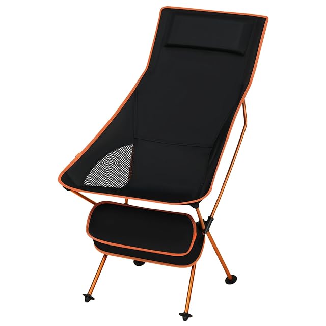 eSituro black and orange packable camping chair with a high mesh back and a head cushion