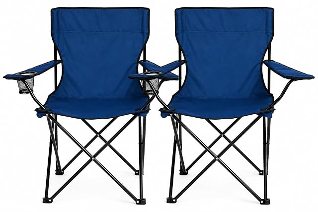 Nexos blue folding camping chairs sold as a pair, each with an armrest drink holder