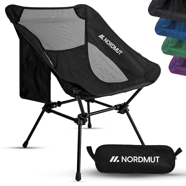NORDMUT black packable camping chair with an aluminium frame and a carry bag