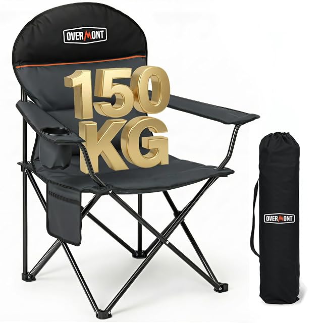 OVERMONT wide high-back folding camping chair with a headrest and a drink holder