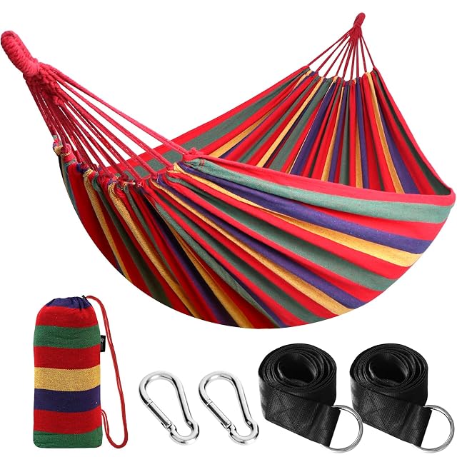 ANYOO striped cotton hammock with tree-friendly straps and carabiners