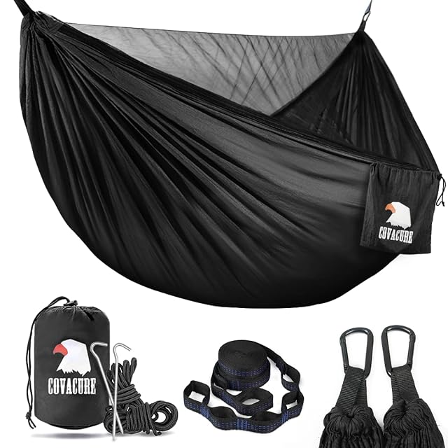 COVACURE gathered-end camping hammock with an integrated bug net and tree straps
