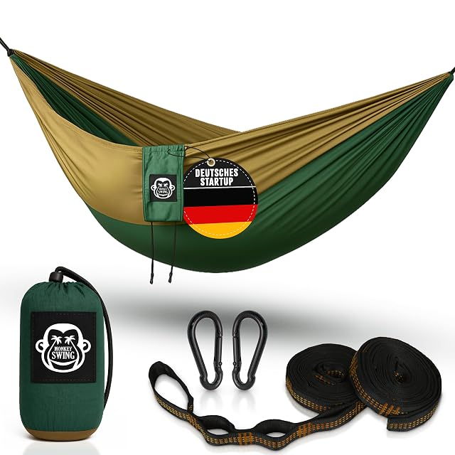 Monkey Swing green and khaki ultralight camping hammock with heavy-duty straps