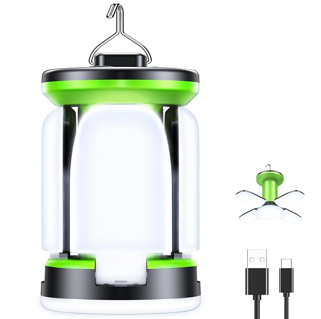 Blukar rechargeable camping lantern with folding side light panels and a top hook
