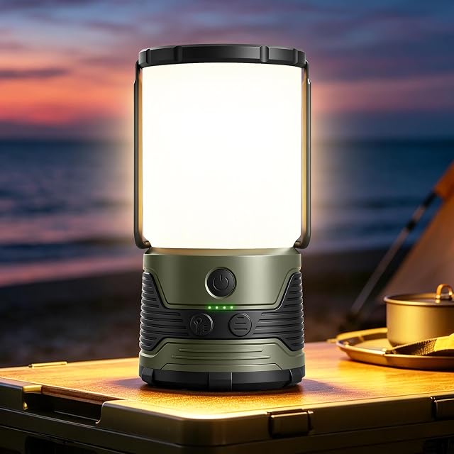 Glocusent rechargeable camping lantern with a frosted lens, a top handle and a hidden hook