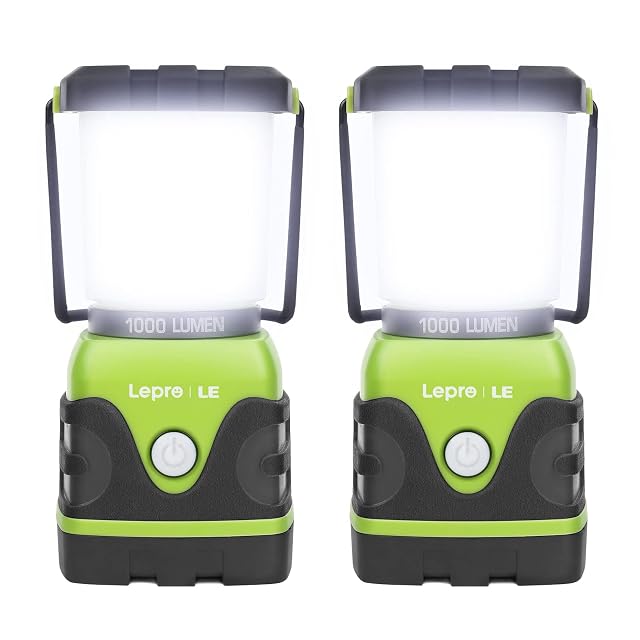 Lepro green camping lantern with a semi-transparent panel housing and a metal handle, sold as a pack of two