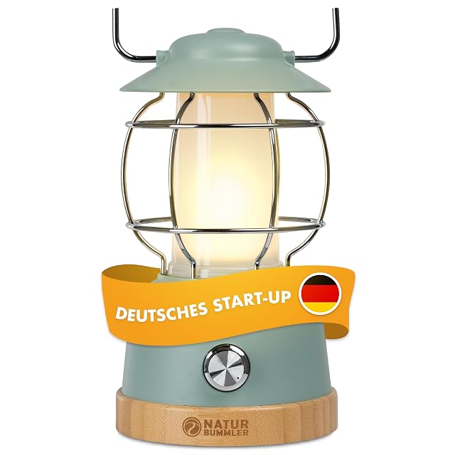 NATURBUMMLER rechargeable camping lantern with a stainless steel body and a bamboo base
