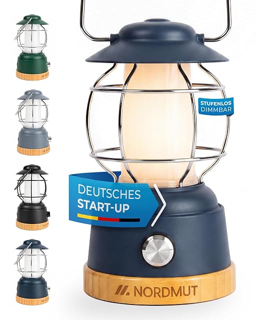 NORDMUT marine blue rechargeable camping lantern with a carry handle and hook