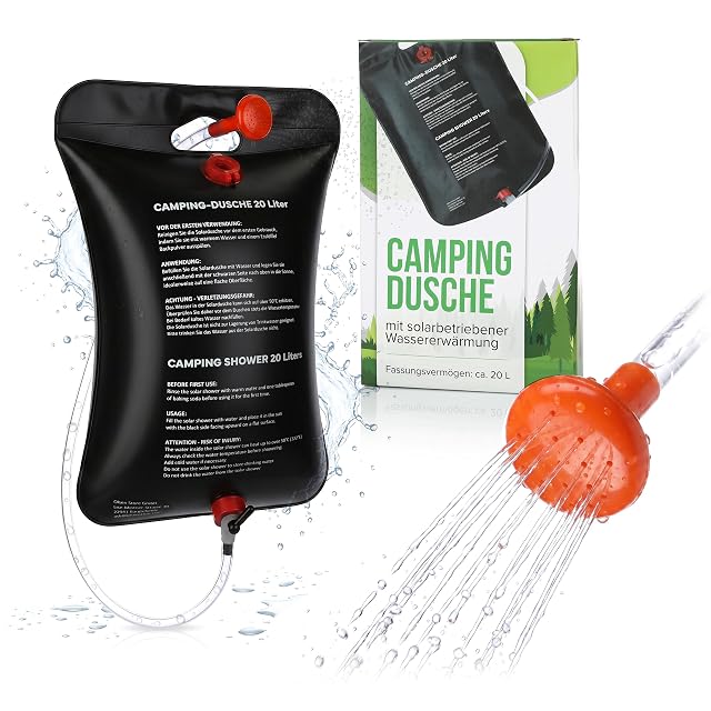 Aqualand black 20 litre solar camping shower bag with a hose and a shower head