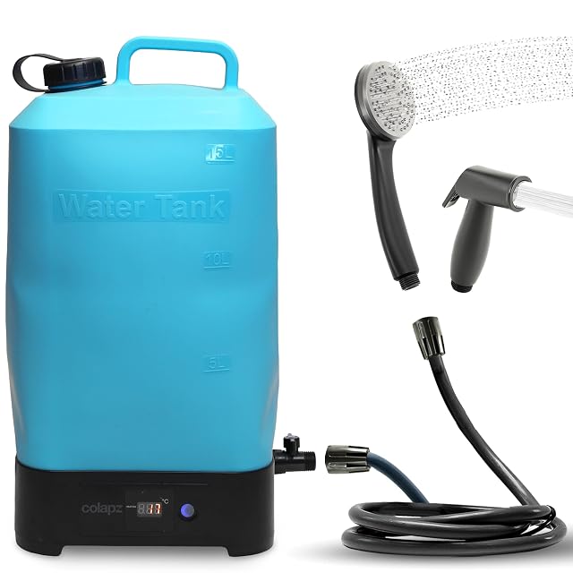 Colapz electric camping shower with a 15 litre collapsible water tank and a USB shower head