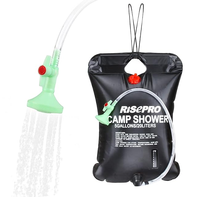 RISEPRO 20 litre black solar shower bag with a temperature indicator strip and a shower head