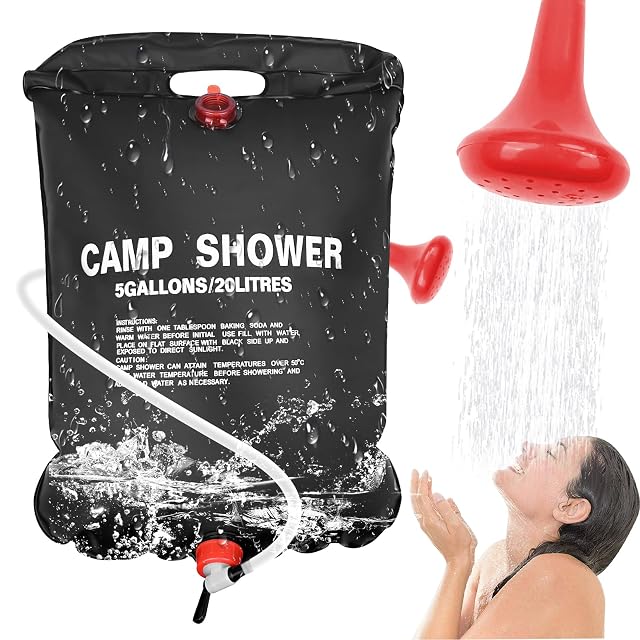 Traxenta black PVC 20 litre solar camping shower bag with a detachable hose