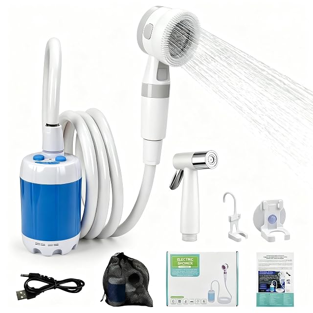 VIVSENS portable rechargeable camping shower pump with a shower head, hose and hanging hook