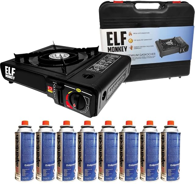Elfmonkey single-burner camping gas stove with carry case and butane cartridges