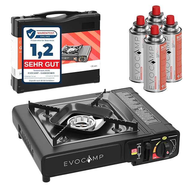 EVOCAMP single-burner camping gas stove with MSF-1a cartridges and carry case