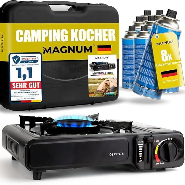 Green Camp single-burner camping gas stove with eight butane cartridges and a case