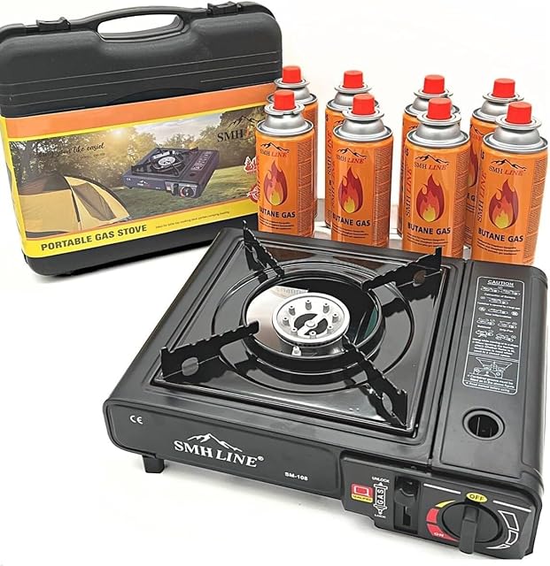 Mediablue single-burner camping gas stove in its carry case with butane cartridges