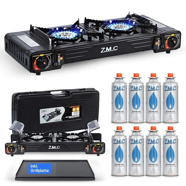 Z.M.C twin-burner camping gas stove with griddle plate and butane cartridges